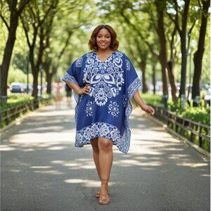 Women Plus Size Floral Printed Short Kaftan Blue Tunic Dress by Gypsie Blu